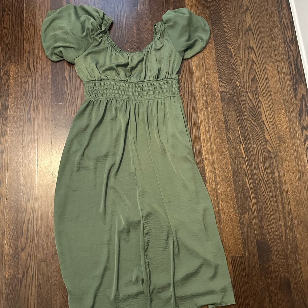 Gap Puff Sleeve Smocked Green Midi Dress - Picture 9 of 9